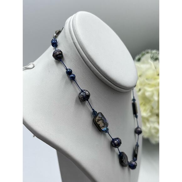 Peacock Keshi Abalone Mother of Pearl Blue Pearl Sterling Toggle Necklace - Picture 5 of 9